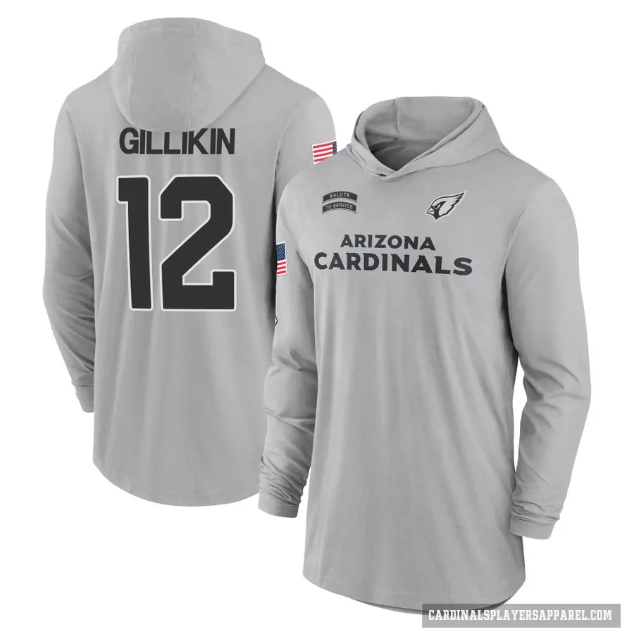 Men's ＃12 Blake Gillikin Arizona Cardinals Gray 2024 Salute to Service Lightweight Performance Long Sleeve Hooded T-Shirt