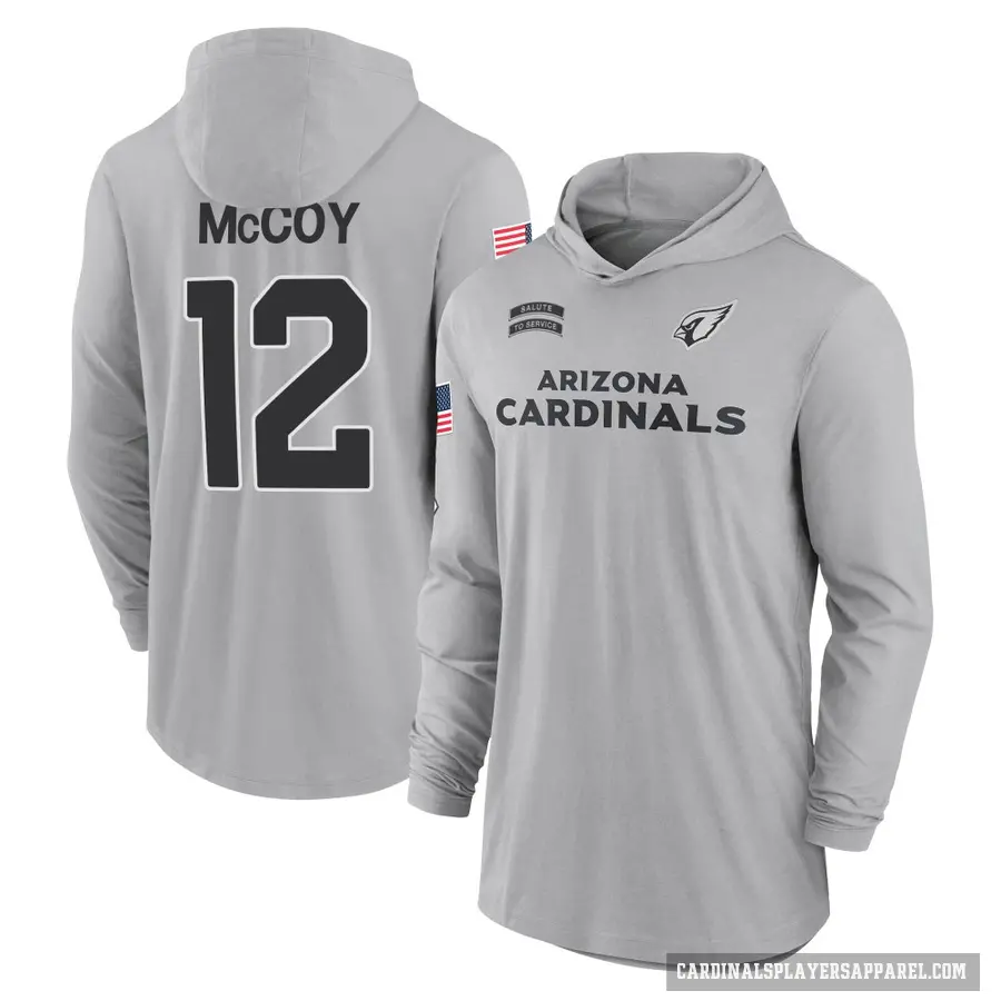 Men's ＃12 Colt McCoy Arizona Cardinals Gray 2024 Salute to Service Lightweight Performance Long Sleeve Hooded T-Shirt