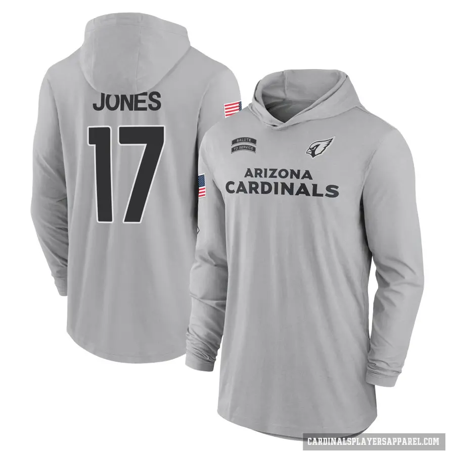 Men's ＃17 Zay Jones Arizona Cardinals Gray 2024 Salute to Service Lightweight Performance Long Sleeve Hooded T-Shirt