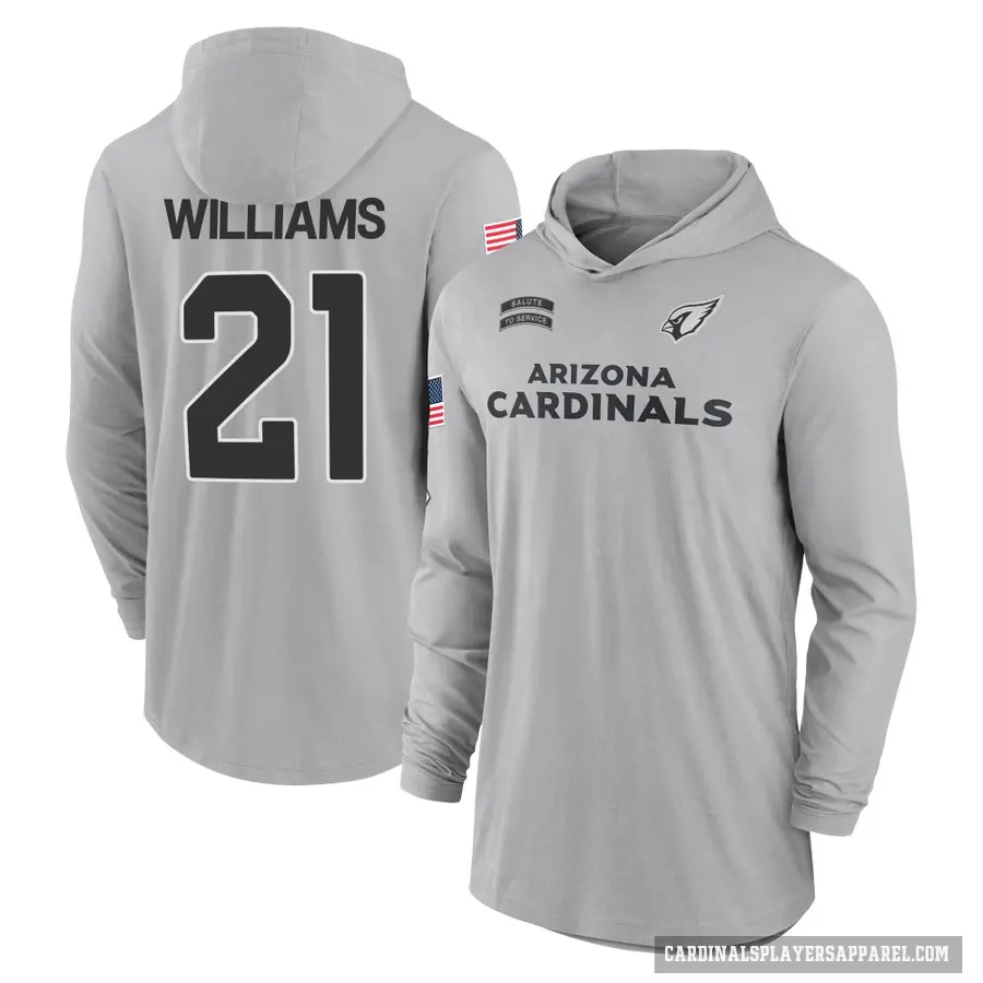 Men's ＃21 Garrett Williams Arizona Cardinals Gray 2024 Salute to Service Lightweight Performance Long Sleeve Hooded T-Shirt