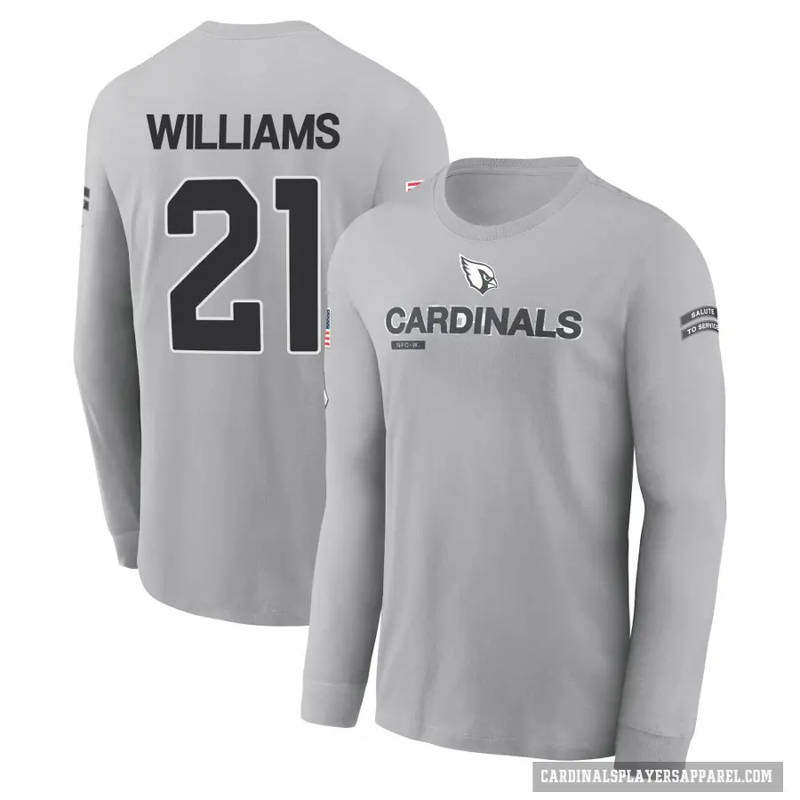 Men's ＃21 Garrett Williams Arizona Cardinals Gray 2024 Salute to Service Long Sleeve T-Shirt