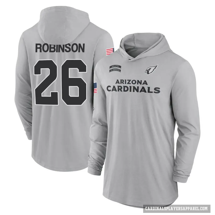 Men's ＃26 Jammie Robinson Arizona Cardinals Gray 2024 Salute to Service Lightweight Performance Long Sleeve Hooded T-Shirt