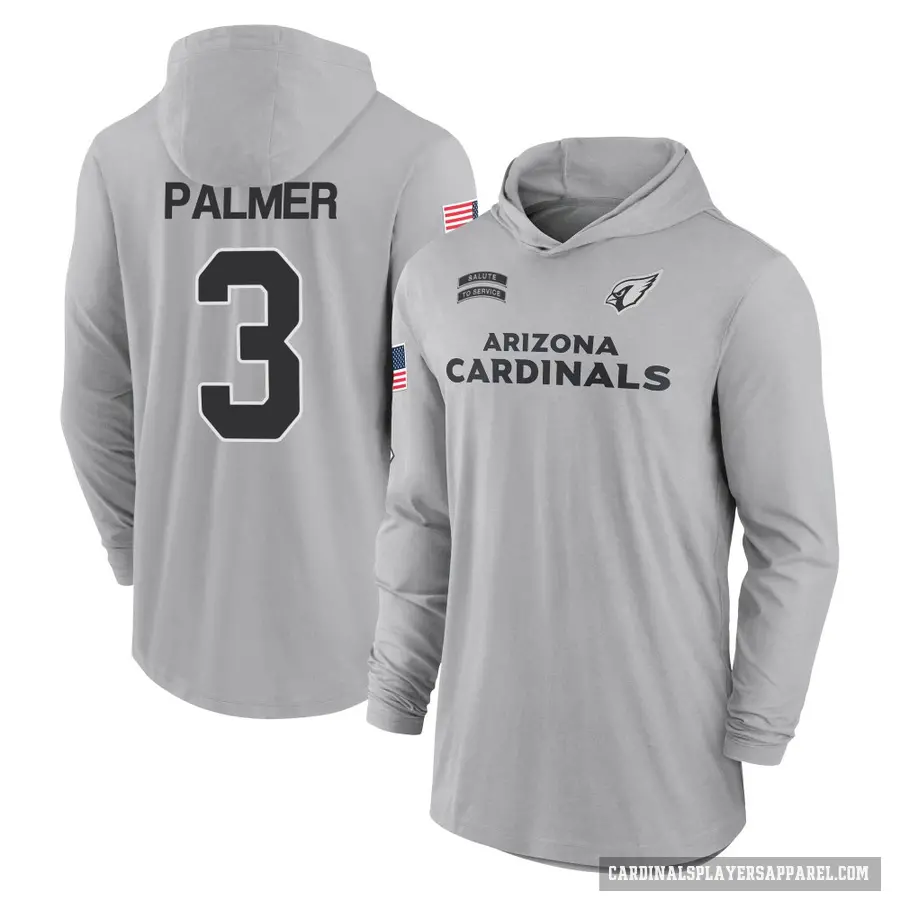 Men's ＃3 Carson Palmer Arizona Cardinals Gray 2024 Salute to Service Lightweight Performance Long Sleeve Hooded T-Shirt