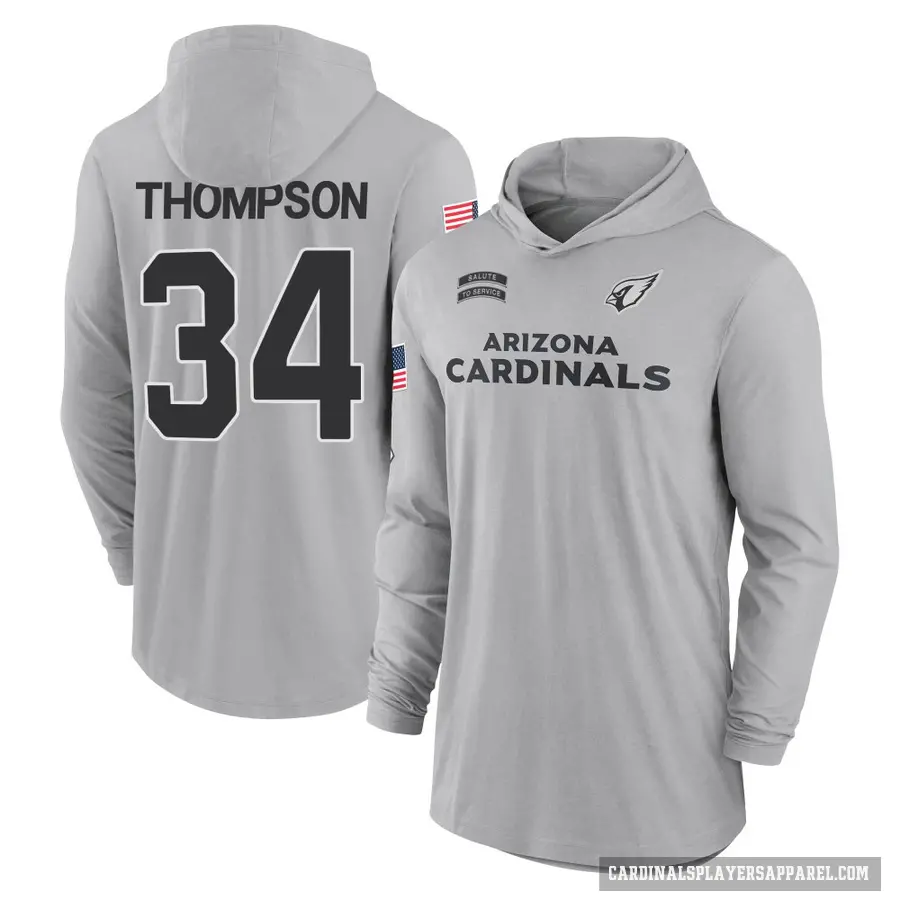 Men's ＃34 Jalen Thompson Arizona Cardinals Gray 2024 Salute to Service Lightweight Performance Long Sleeve Hooded T-Shirt