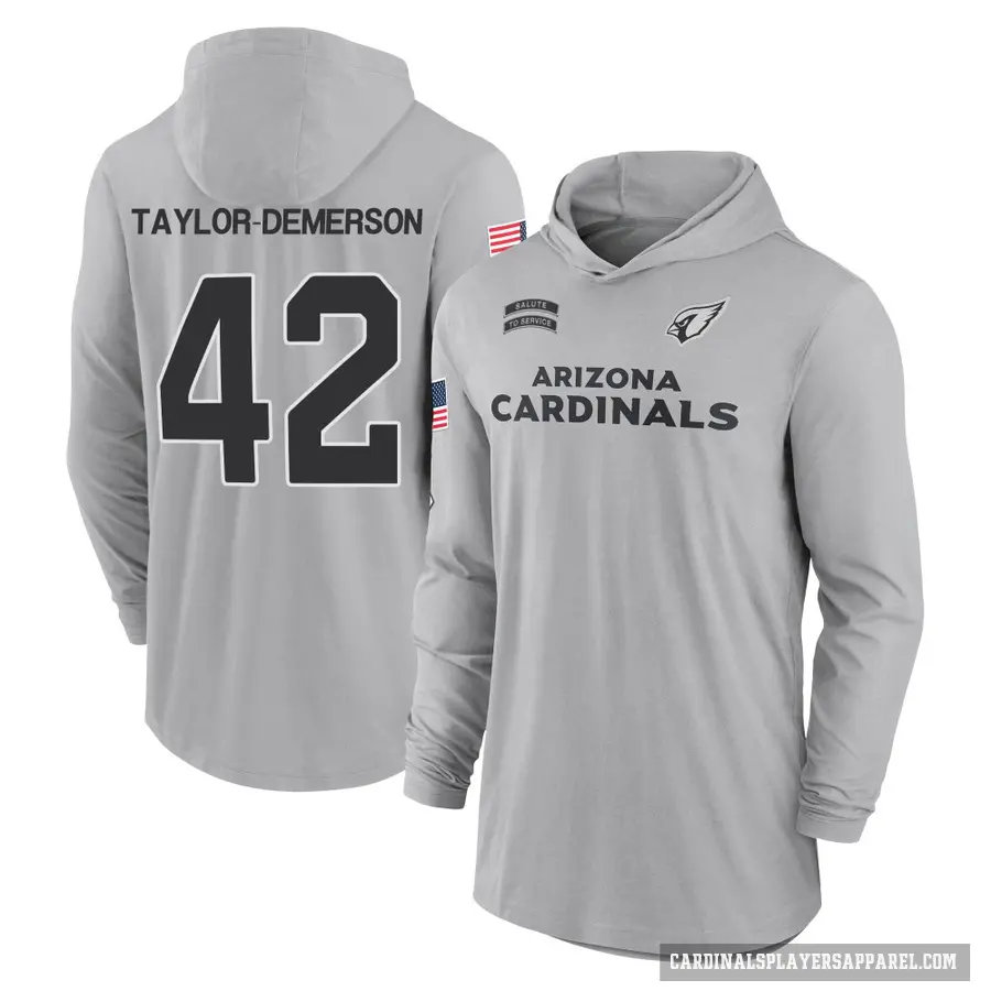 Men's ＃42 Dadrion Taylor-Demerson Arizona Cardinals Gray 2024 Salute to Service Lightweight Performance Long Sleeve Hooded T-Shi
