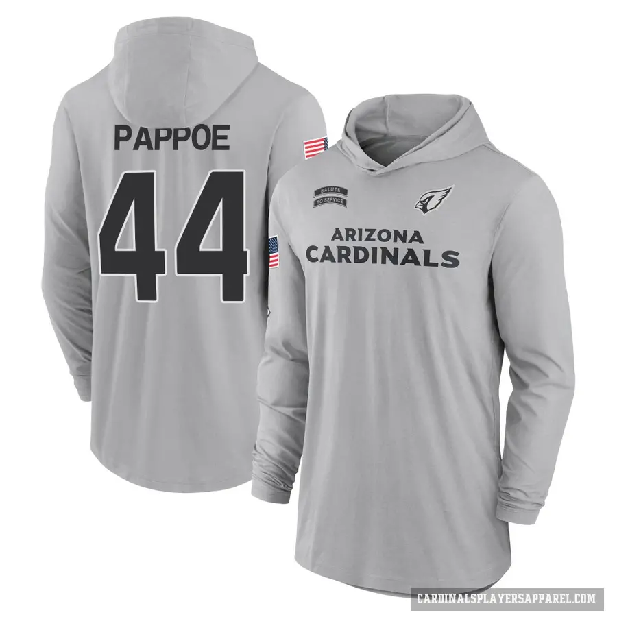 Men's ＃44 Owen Pappoe Arizona Cardinals Gray 2024 Salute to Service Lightweight Performance Long Sleeve Hooded T-Shirt