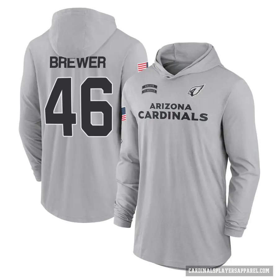 Men's ＃46 Aaron Brewer Arizona Cardinals Gray 2024 Salute to Service Lightweight Performance Long Sleeve Hooded T-Shirt