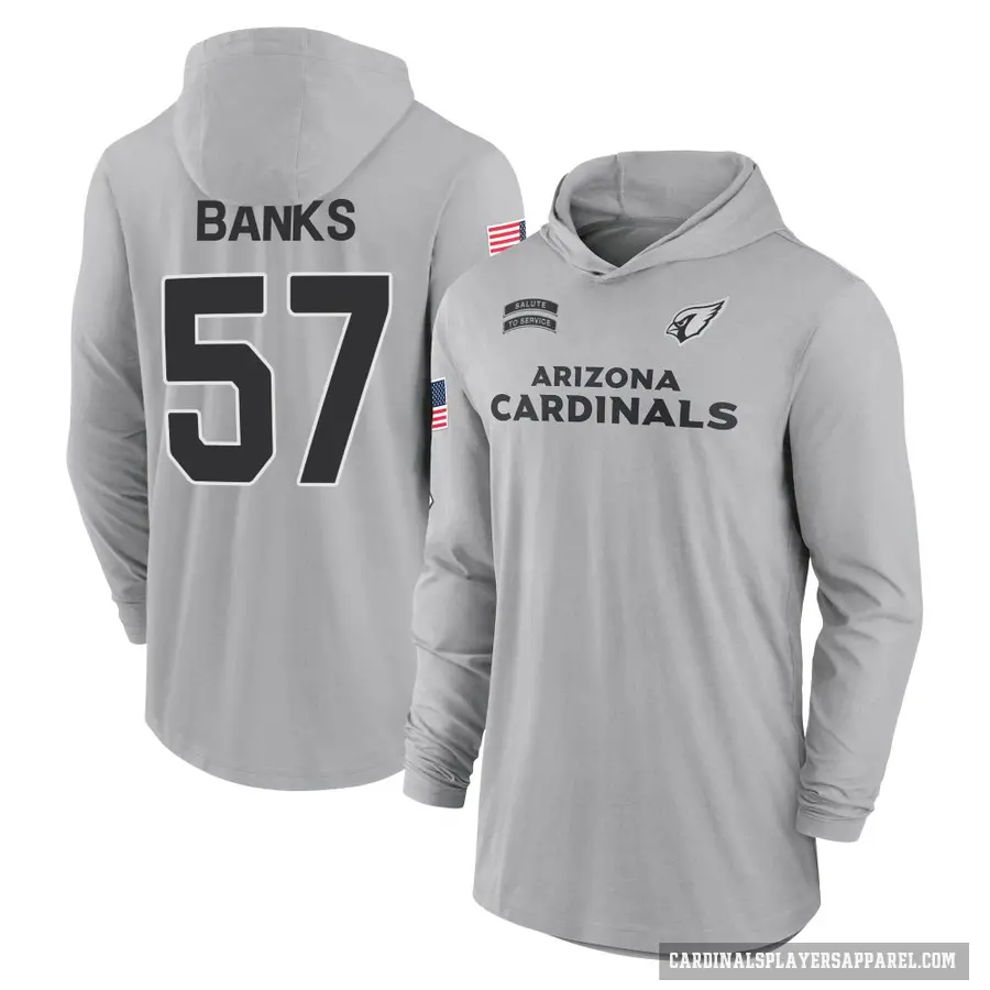 Men's ＃57 Keshawn Banks Arizona Cardinals Gray 2024 Salute to Service Lightweight Performance Long Sleeve Hooded T-Shirt