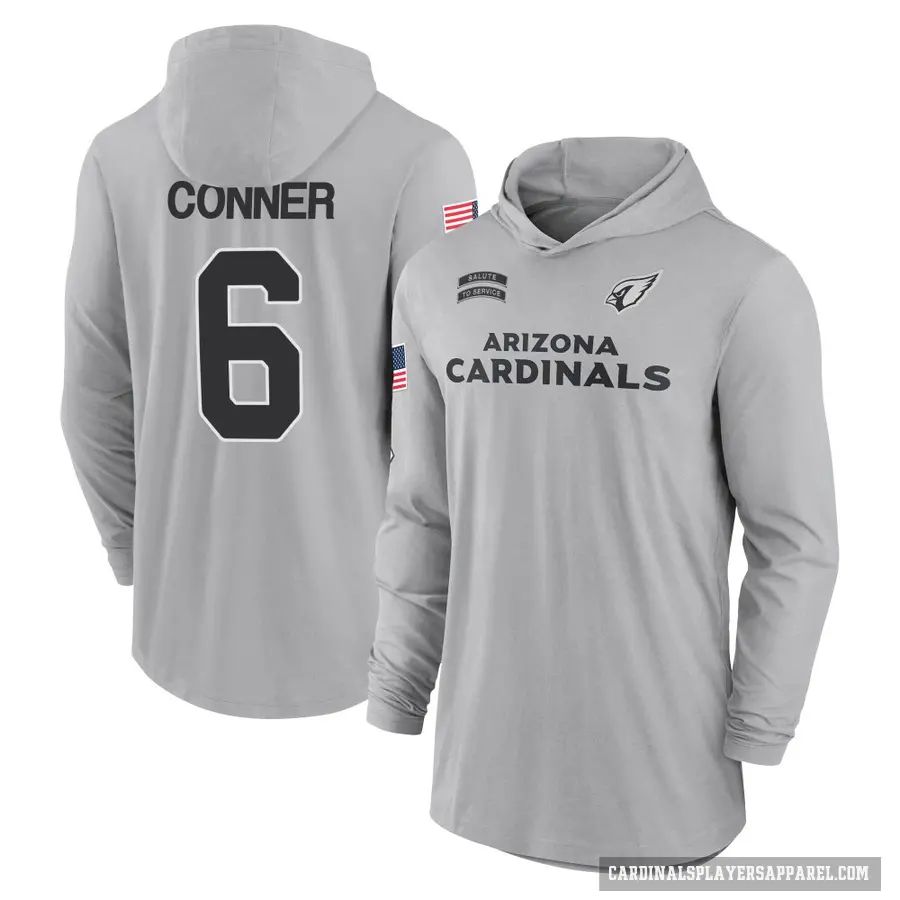Men's ＃6 James Conner Arizona Cardinals Gray 2024 Salute to Service Lightweight Performance Long Sleeve Hooded T-Shirt