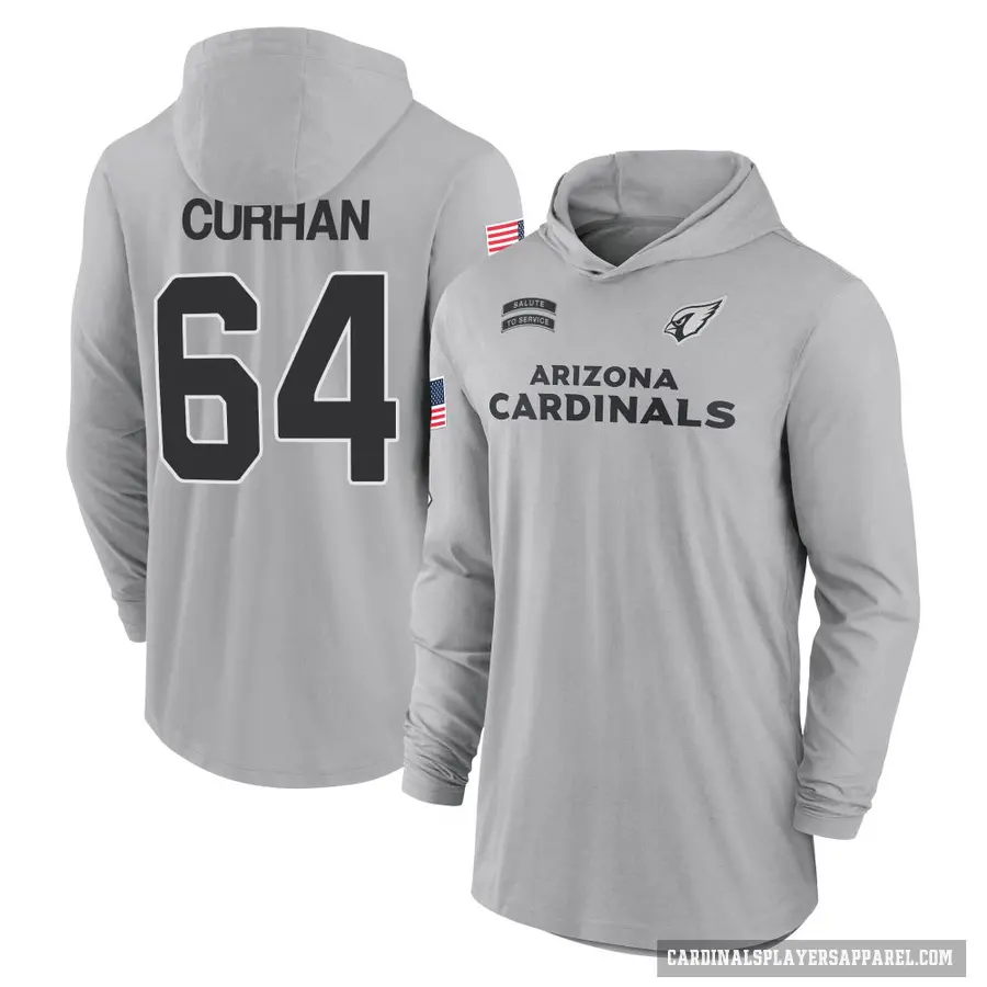 Men's ＃64 Jake Curhan Arizona Cardinals Gray 2024 Salute to Service Lightweight Performance Long Sleeve Hooded T-Shirt