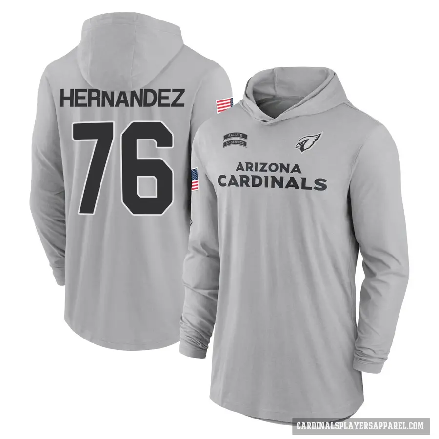 Men's ＃76 Will Hernandez Arizona Cardinals Gray 2024 Salute to Service Lightweight Performance Long Sleeve Hooded T-Shirt