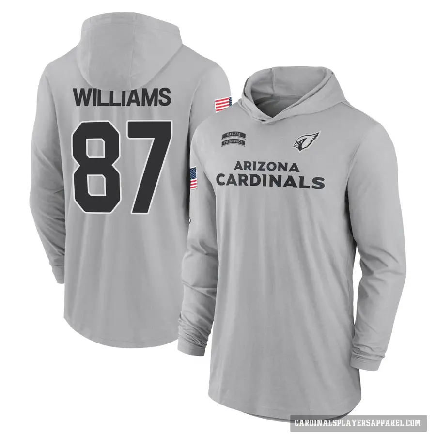 Men's ＃87 Maxx Williams Arizona Cardinals Gray 2024 Salute to Service Lightweight Performance Long Sleeve Hooded T-Shirt