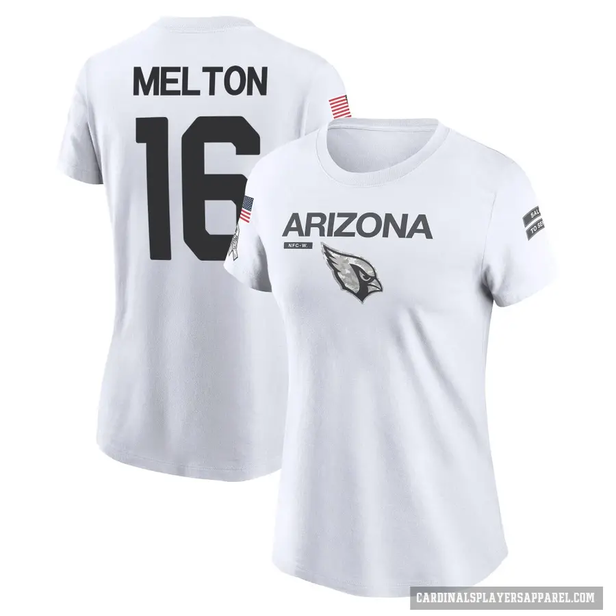Women's ＃16 Max Melton Arizona Cardinals White 2024 Salute to Service Performance T-Shirt