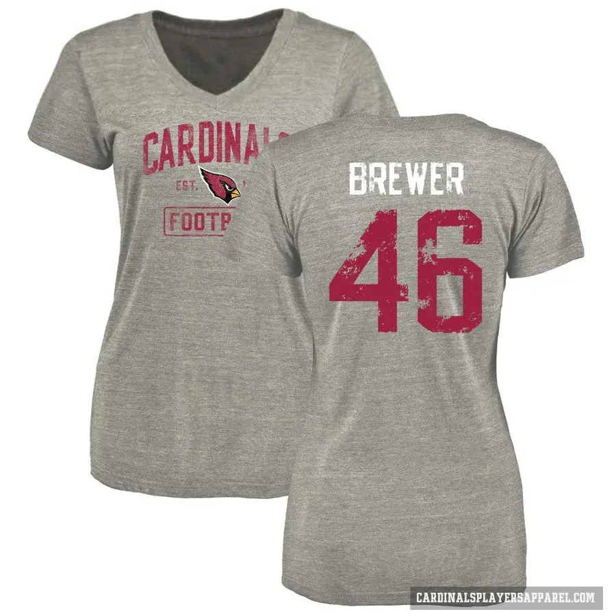 Women's ＃46 Aaron Brewer Arizona Cardinals Gray Heather Distressed V-Neck T-Shirt
