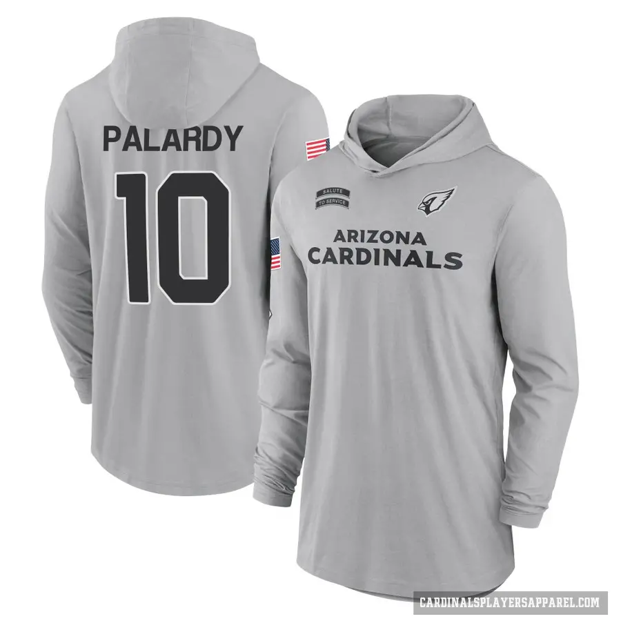 Youth ＃10 Michael Palardy Arizona Cardinals Gray 2024 Salute to Service Lightweight Performance Long Sleeve Hooded T-Shirt