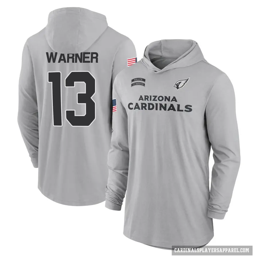 Youth ＃13 Kurt Warner Arizona Cardinals Gray 2024 Salute to Service Lightweight Performance Long Sleeve Hooded T-Shirt