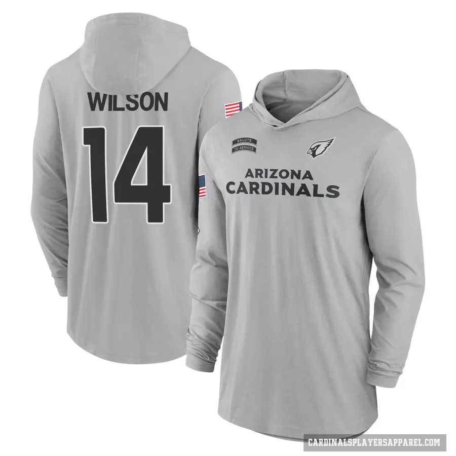 Youth ＃14 Michael Wilson Arizona Cardinals Gray 2024 Salute to Service Lightweight Performance Long Sleeve Hooded T-Shirt