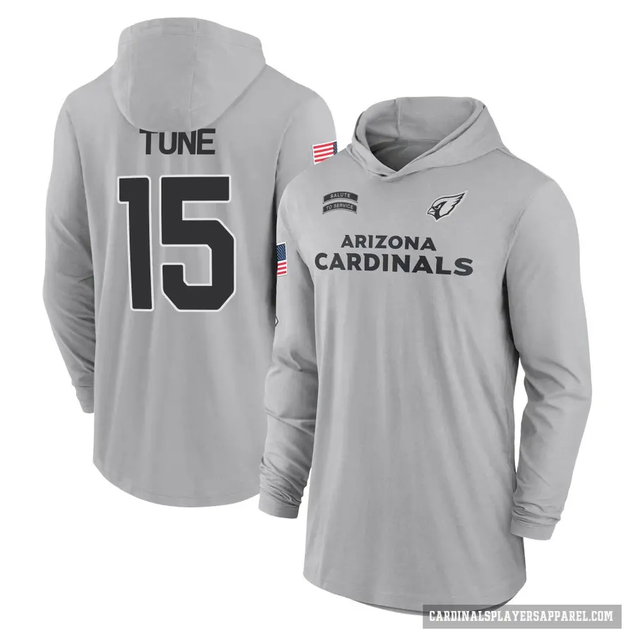 Youth ＃15 Clayton Tune Arizona Cardinals Gray 2024 Salute to Service Lightweight Performance Long Sleeve Hooded T-Shirt