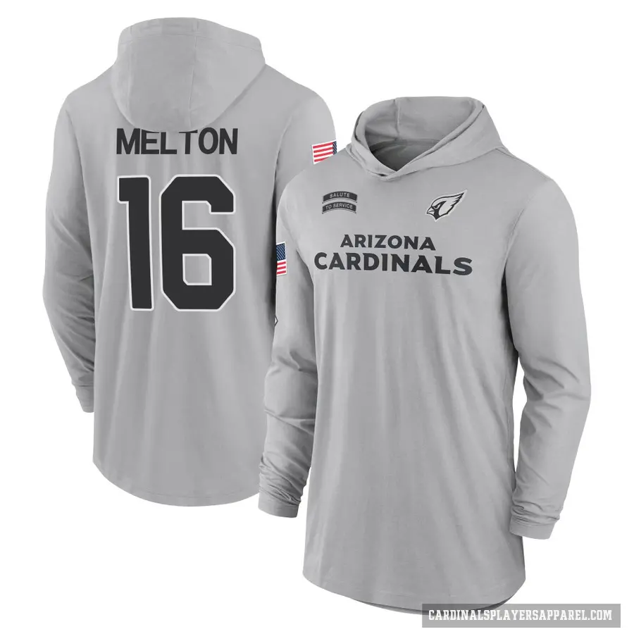 Youth ＃16 Max Melton Arizona Cardinals Gray 2024 Salute to Service Lightweight Performance Long Sleeve Hooded T-Shirt