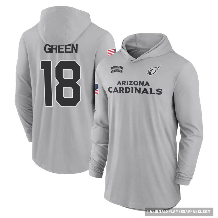 Youth ＃18 A.J. Green Arizona Cardinals Gray 2024 Salute to Service Lightweight Performance Long Sleeve Hooded T-Shirt
