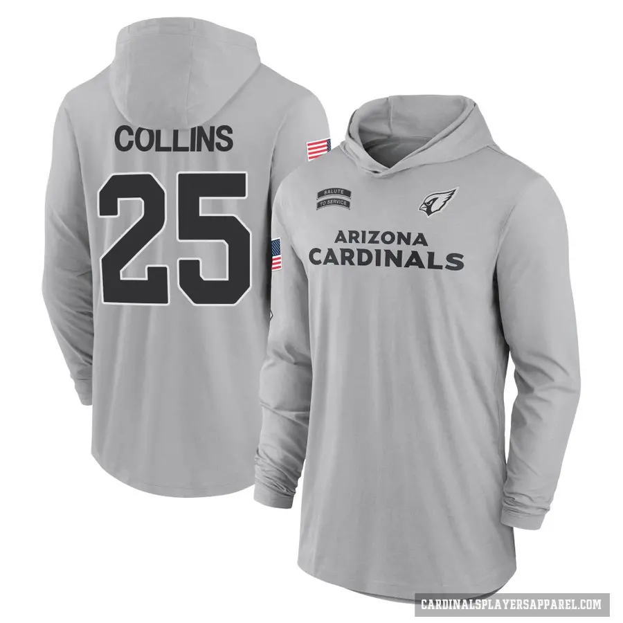 Youth ＃25 Zaven Collins Arizona Cardinals Gray 2024 Salute to Service Lightweight Performance Long Sleeve Hooded T-Shirt