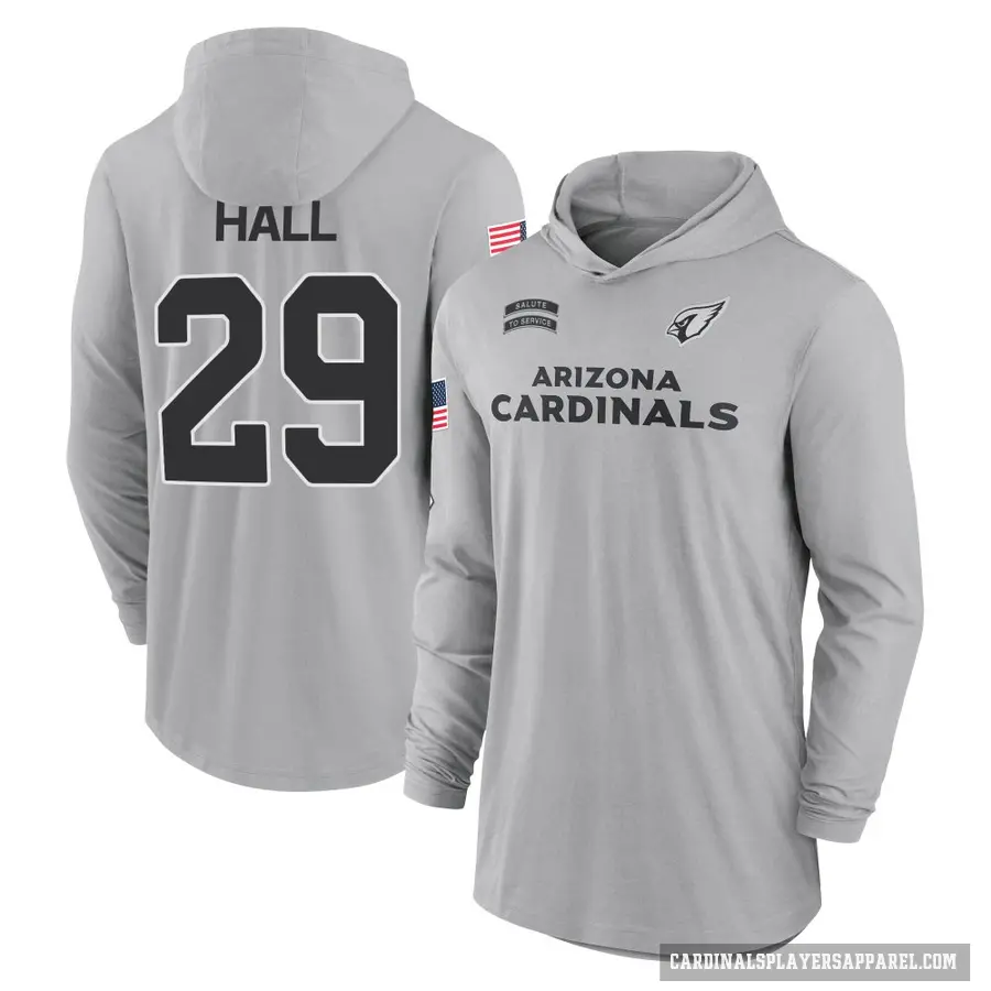 Youth ＃29 Hassan Hall Arizona Cardinals Gray 2024 Salute to Service Lightweight Performance Long Sleeve Hooded T-Shirt
