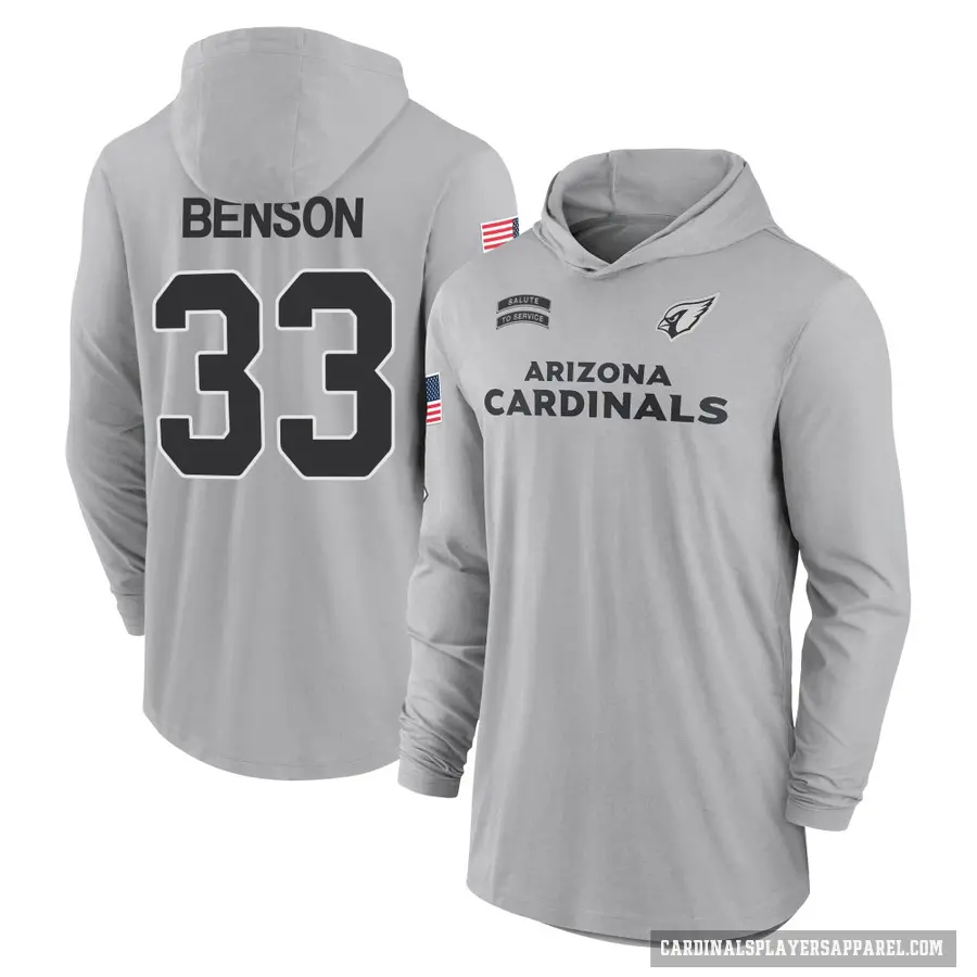 Youth ＃33 Trey Benson Arizona Cardinals Gray 2024 Salute to Service Lightweight Performance Long Sleeve Hooded T-Shirt