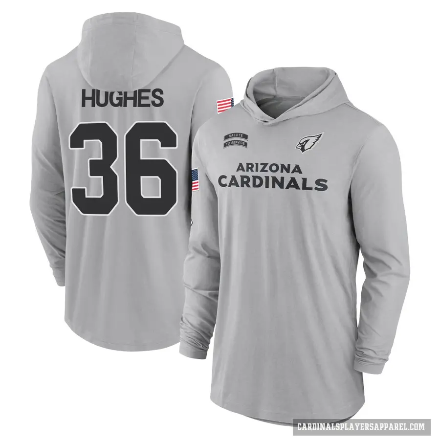 Youth ＃36 JuJu Hughes Arizona Cardinals Gray 2024 Salute to Service Lightweight Performance Long Sleeve Hooded T-Shirt