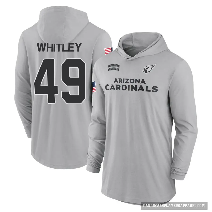 Youth ＃49 Benton Whitley Arizona Cardinals Gray 2024 Salute to Service Lightweight Performance Long Sleeve Hooded T-Shirt
