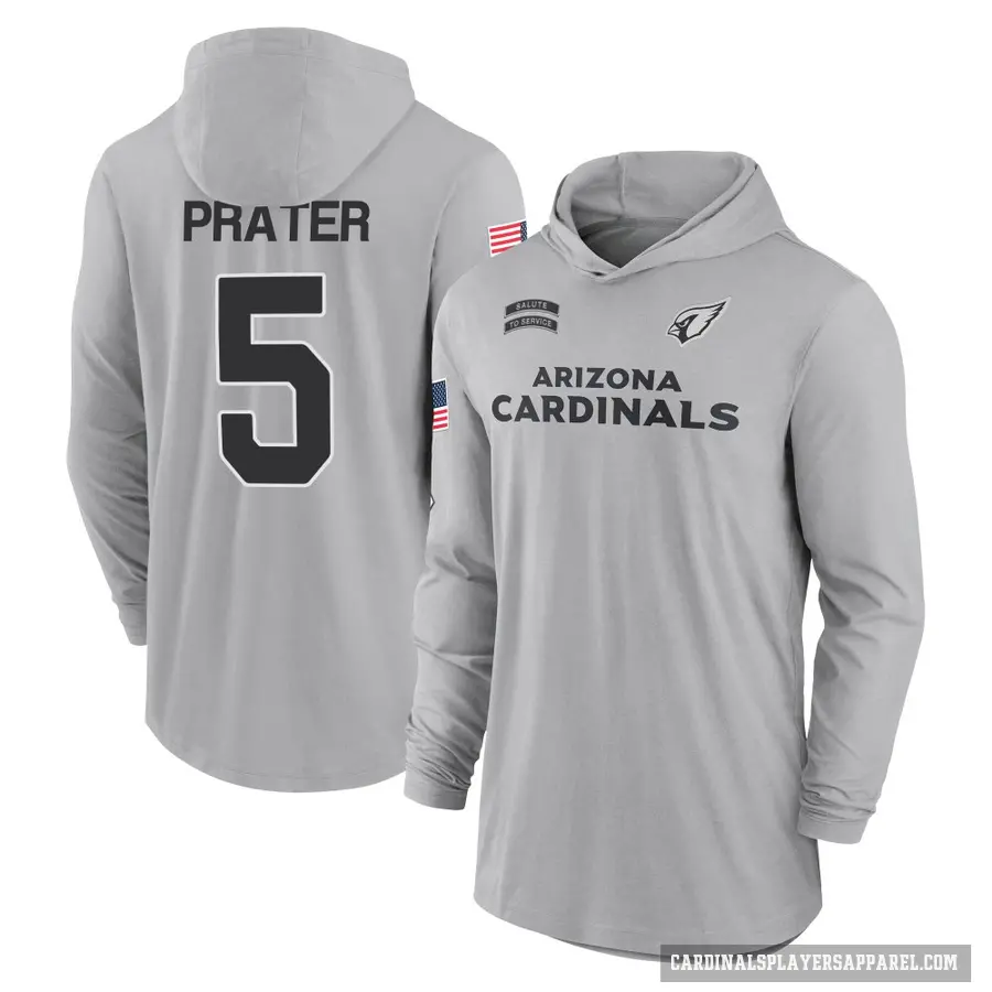 Youth ＃5 Matt Prater Arizona Cardinals Gray 2024 Salute to Service Lightweight Performance Long Sleeve Hooded T-Shirt