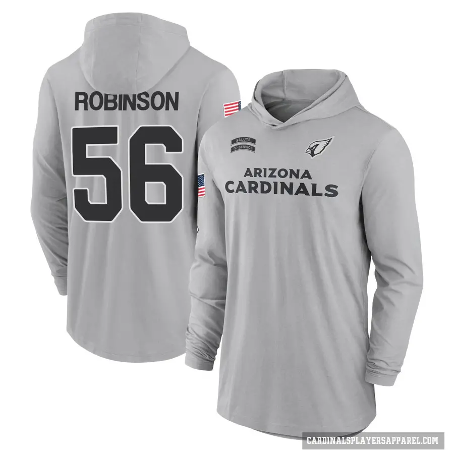 Youth ＃56 Darius Robinson Arizona Cardinals Gray 2024 Salute to Service Lightweight Performance Long Sleeve Hooded T-Shirt