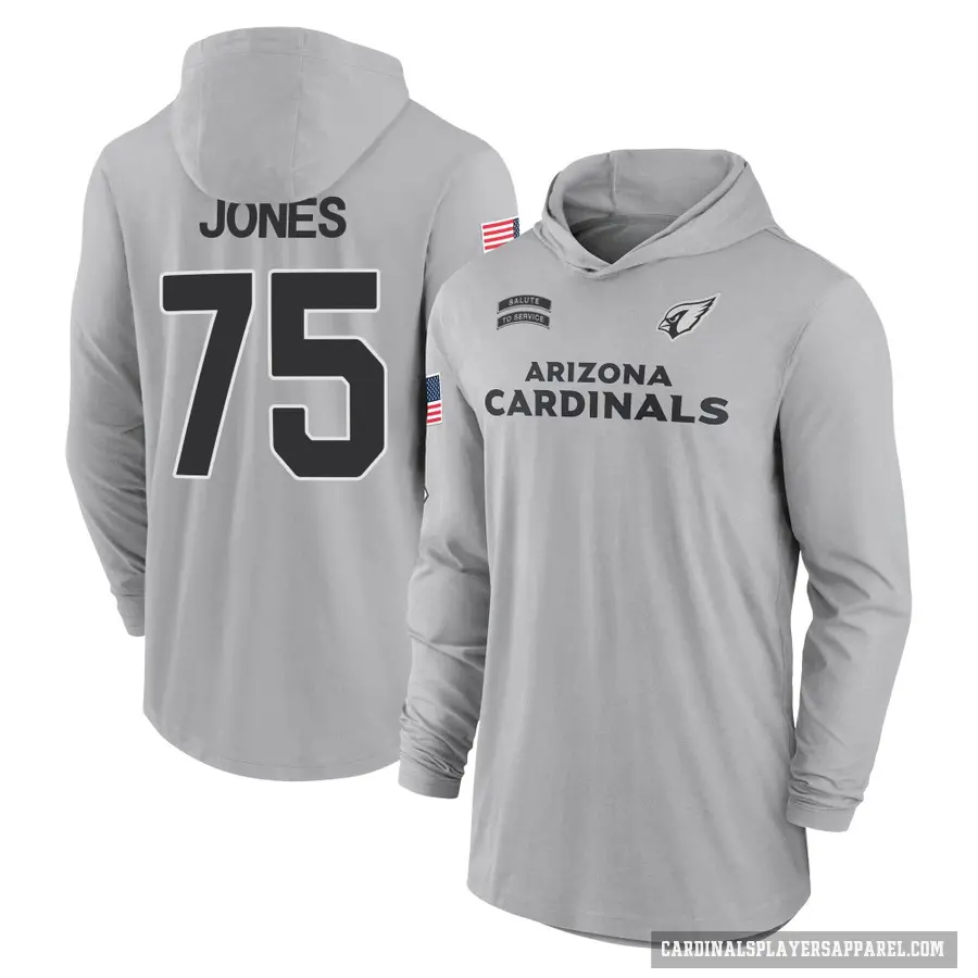 Youth ＃75 Christian Jones Arizona Cardinals Gray 2024 Salute to Service Lightweight Performance Long Sleeve Hooded T-Shirt