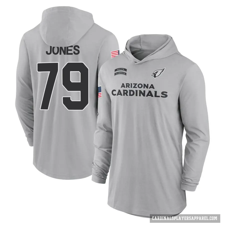 Youth ＃79 Matthew Jones Arizona Cardinals Gray 2024 Salute to Service Lightweight Performance Long Sleeve Hooded T-Shirt
