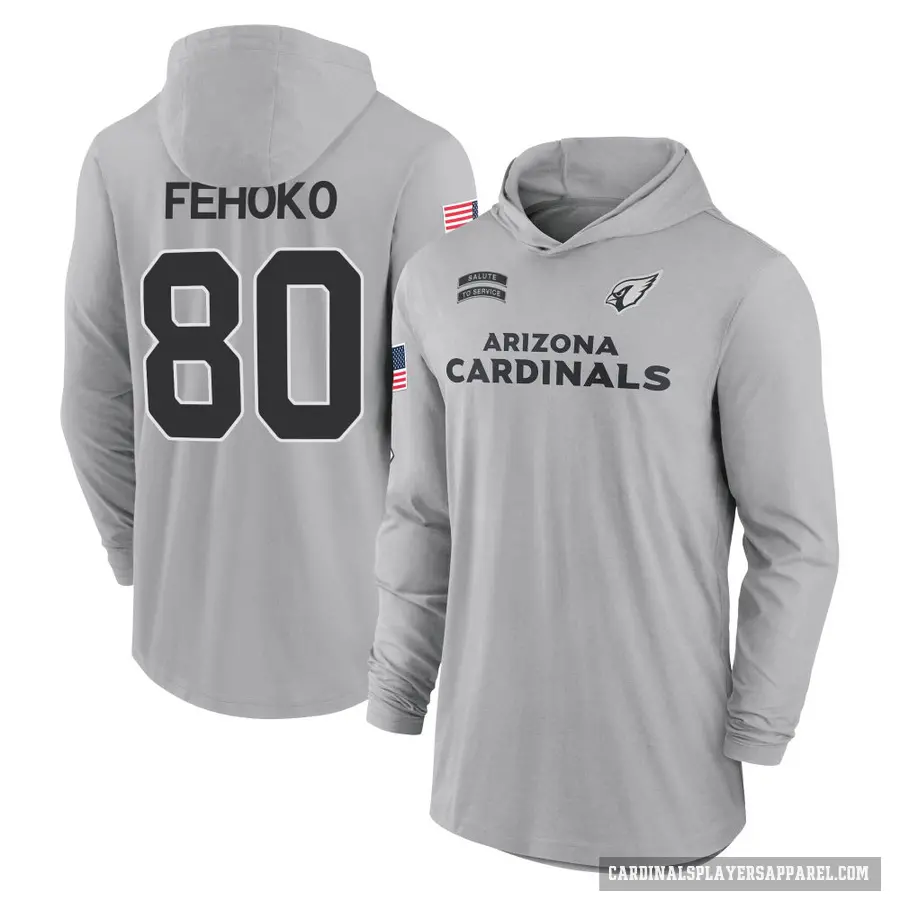Youth ＃80 Simi Fehoko Arizona Cardinals Gray 2024 Salute to Service Lightweight Performance Long Sleeve Hooded T-Shirt