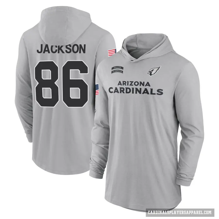 Youth ＃86 Trishton Jackson Arizona Cardinals Gray 2024 Salute to Service Lightweight Performance Long Sleeve Hooded T-Shirt