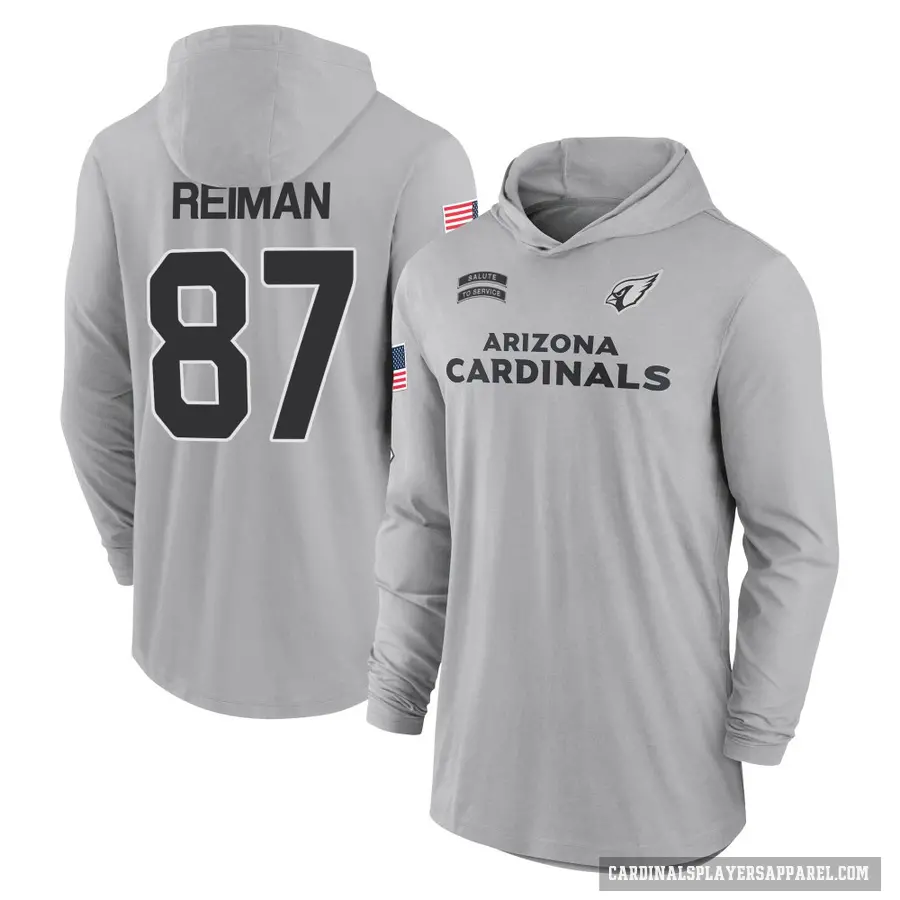 Youth ＃87 Tip Reiman Arizona Cardinals Gray 2024 Salute to Service Lightweight Performance Long Sleeve Hooded T-Shirt