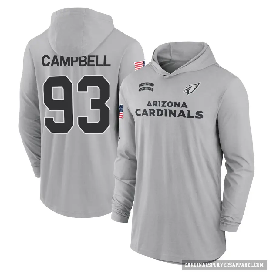 Youth ＃93 Calais Campbell Arizona Cardinals Gray 2024 Salute to Service Lightweight Performance Long Sleeve Hooded T-Shirt